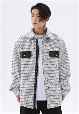 Faux leather pockets jacket check bomber in white black