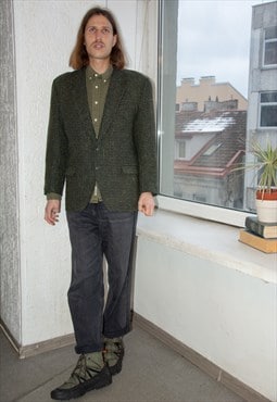 Vintage Green Houndstooth Wool Parisian Blazer Jacket