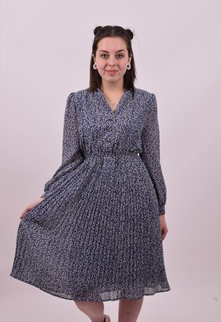 VINTAGE 70'S DOES 40'S BLUE FLOWER TEA DAY DRESS SIZE 6 8 10