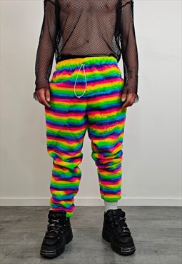 Striped rainbow fleece joggers psychedelic festival pants