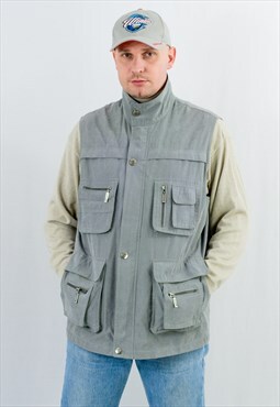 Gray cargo vest fishing vintage y2k sleeveless jacket XXL 