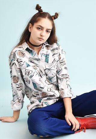 90'S RETRO TRAVEL PRINT NEUTRAL SHIRT TOP