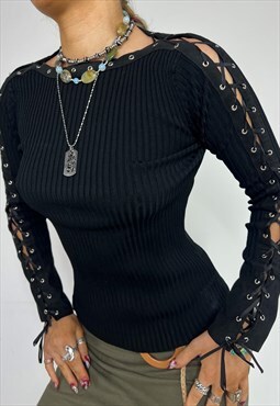 Vintage Y2k Jumper Lace Up Knit Sweater Goth Grunge 90s 