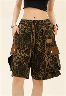 Leopard denim shorts animal print jean cargo pocket pants 