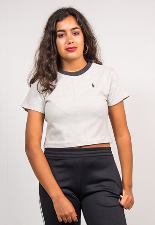 VINTAGE 90'S REWORK GREY CROPPED RALPH LAUREN T-SHIRT