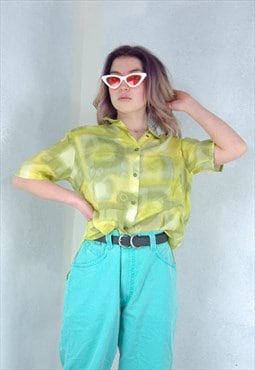 Vintage y2k abstract slip mesh blouse shirt in neon yellow 