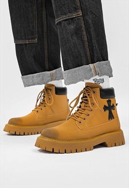 Tractor platform boots cross patch high ankle grunge shoes