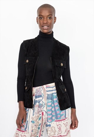 90S VINTAGE BLACK LEATHER FOUR-POCKET VEST