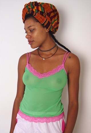 GREEN MESH CROP TOP WITH PINK LACE DETAIL