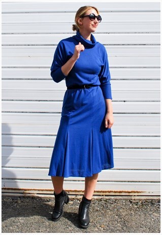 VINTAGE 70S BLUE ROLL NECK MIDI DRESS