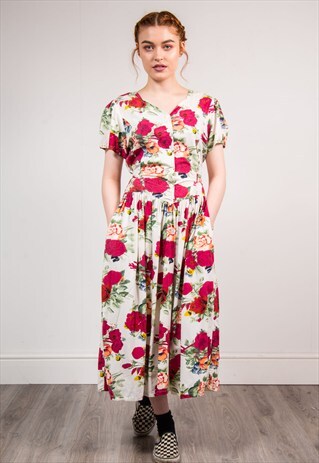 90'S VINTAGE WHITE BRIGHT FLORAL PATTERN SUMMER DRESS