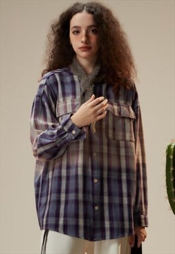 Hooded check shirt long sleeve gradient plaid top in purple