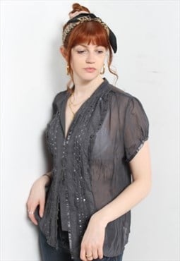 Vintage Y2K Lace and Sequin Sheer Blouse Shirt Black