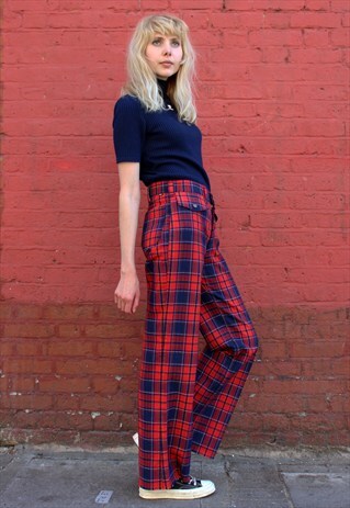 VINTAGE 70S RED TARTAN FLARED TROUSERS