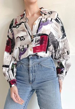 Vintage 90s Abstract MultiColor Long Sleeve Woman Shirt M