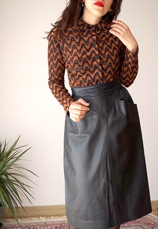 VINTAGE 80S LEATHER BLACK MIDI SKIRT