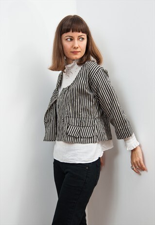 STRIPPED COTTON CROPPED BLAZER BLACK AND GREY