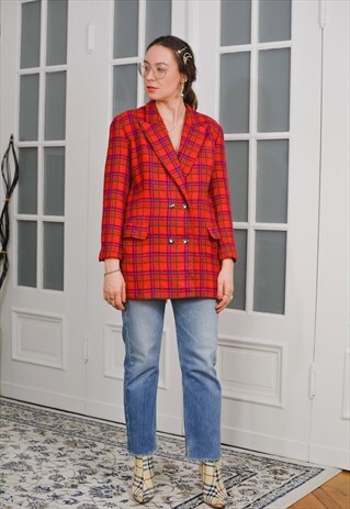 RED BLAZER VINTAGE CHECKERED JACKET TARTAN PREPPY RETRO L