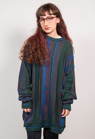 VINTAGE 90'S GREEN & BLUE STRIPED OVERSIZED KNIT JUMPER