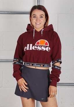 Vintage Ellesse Hoodie Burgundy Pullover Crop Jumper UK 12