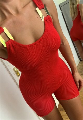 BUCKLE STRAP SHORTS UNITARD IN RED CRINKLE