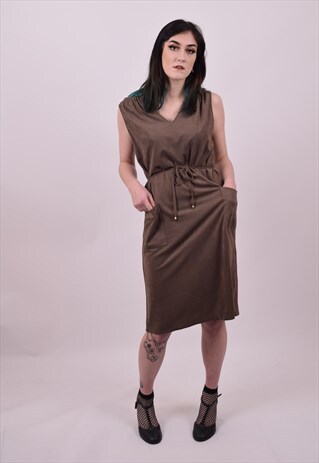 VINTAGE 70'S KHAKI GREEN SLEEVELESS DRESS SIZE 8 10 12