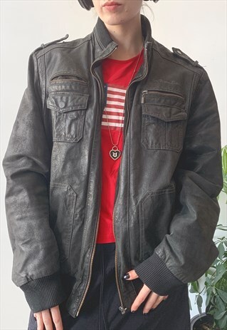 VINTAGE Y2K 00'S UNISEX BLACK RIB HEM LEATHER JACKET