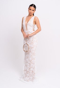 Flora White Luxe Deep Plunge Tie Side Floral Lace Maxi