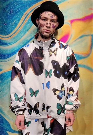 BUTTERFLY TRACK JACKET HANDMADE CARTOON EMOJI BOMBER WHITE