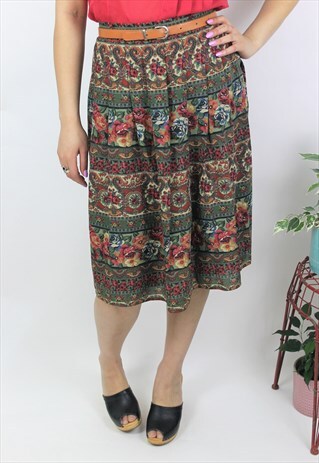 VINTAGE 1980S GREEN FLORAL PRINT MIDI SKIRT