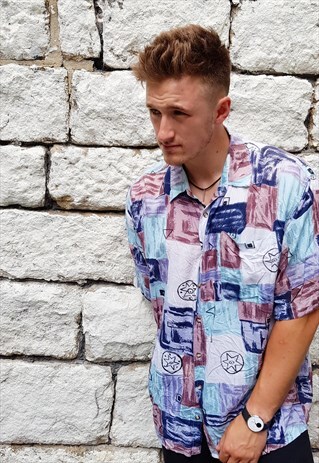 VINTAGE PATTERNED SHORT SLEEVED FESTIVAL SHIRT PINK BLUE