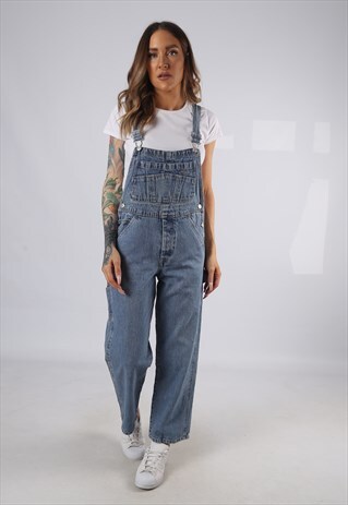 VINTAGE DENIM DUNGAREES WIDE LEG PETITE UK 10 SMALL (HD1M)
