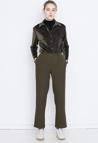 VINTAGE GREEN KHAKI HIGH WAIST WIDE LEG RETRO TROUSERS