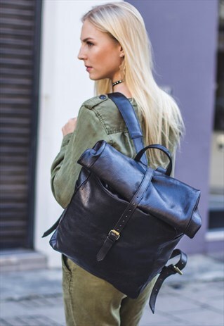 PREMIUM BLACK LEATHER TRAVELLER'S BACKPACK (ROLL UP TOP)