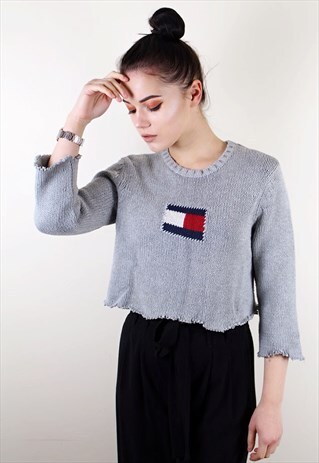 VINTAGE GREY TOMMY HILFIGER DISTRESSED CROP JUMPER