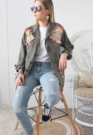 VINTAGE KHAKI JACKET MILITARY ETHNIC EMBROIDERY
