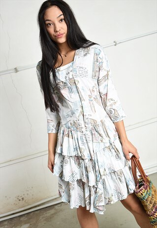 VINTAGE 80S LAYERED DRAPED MINI DRESS WITH NOVELTY PRINT