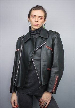 VINTAGE 80S BLACK AND RED REAL LEATHER ZIP JACKET