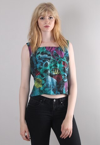 VINTAGE 80S CRAZY PATTERNED SLEEVELESS CROPPED TOP