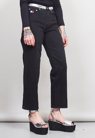 VINTAGE 90'S TOMMY HILFIGER BLACK LOGO TAPE HIGH-WAIST JEANS