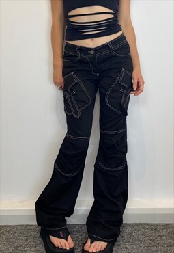 Deadstock black cargo trousers contrast stitch pockets Y2k.