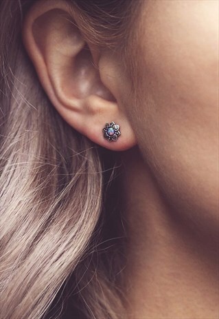 LARA. STERLING SILVER FLOWER LAVENDER OPAL STUD EARRINGS