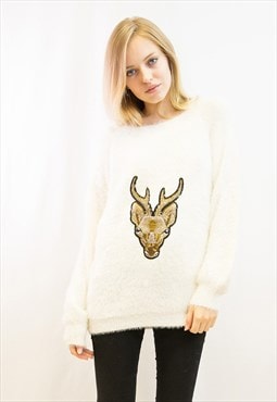 Fluffy Christmas Jumper with Embroidered Reindeer in White