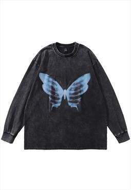 X-ray t-shirt vintage wash butterfly top long grunge tee