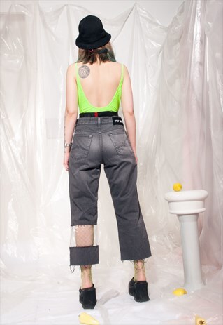 VINTAGE CROPPED JEANS REWORKED CLEAR PVC GRUNGE DENIM PANTS
