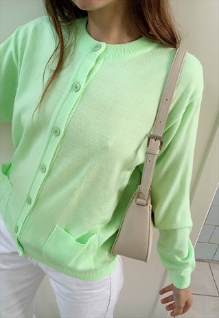 VINTAGE 90S LIME GREEN SOFT KNIT CARDIGAN SWEATER JUMPER
