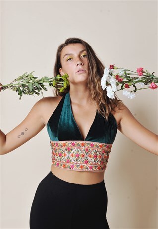 GREEN VELVET HALTERNECK TOP