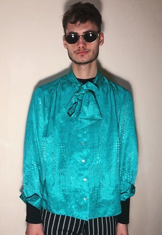 VINTAGE GREEN SATIN SHIRT WITH INCORPORATED NECK TIE