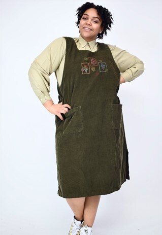 VINTAGE 90'S KHAKI CORDUROY EMBROIDERED PINAFORE DRESS