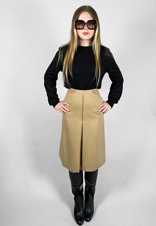 70's Vintage Ladies Camel Brown Wool Skirt Small